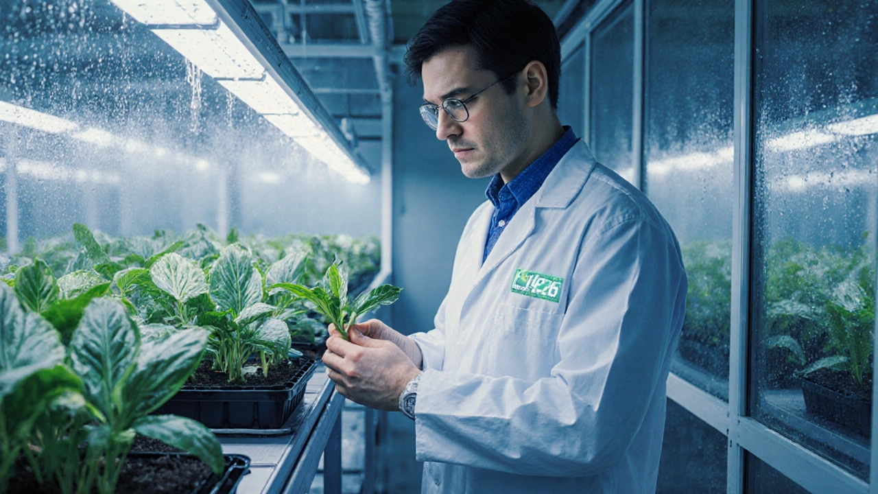Ботаник в лаборатории работает с саженцем в теплице под светодиодными лампами.