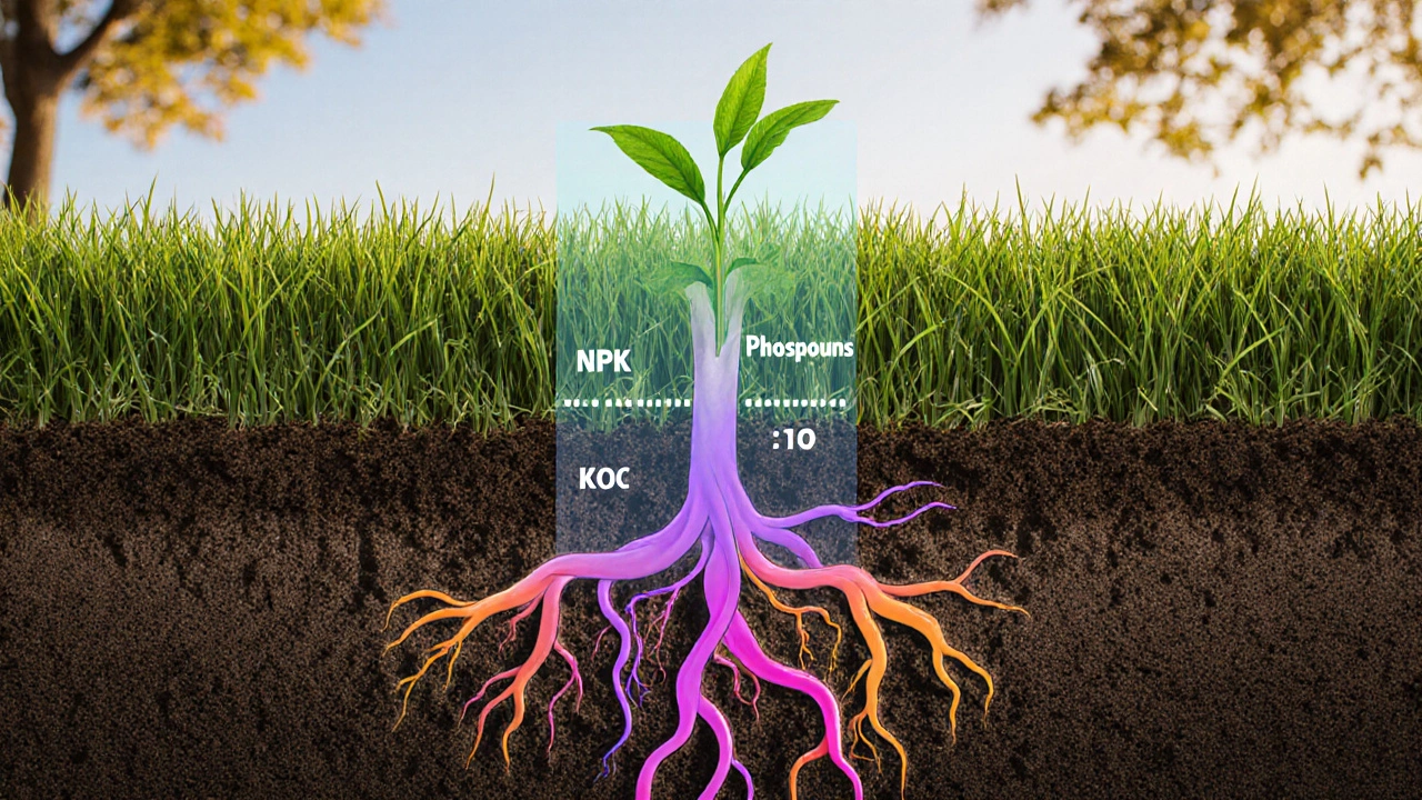 Прозрачное изображение корневой системы газона с потоками азота, фосфора и калия под землёй.