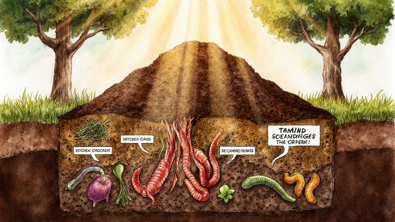 Разрез компостной кучи с червями и микроорганизмами, преобразующими отходы в питательный гумус.