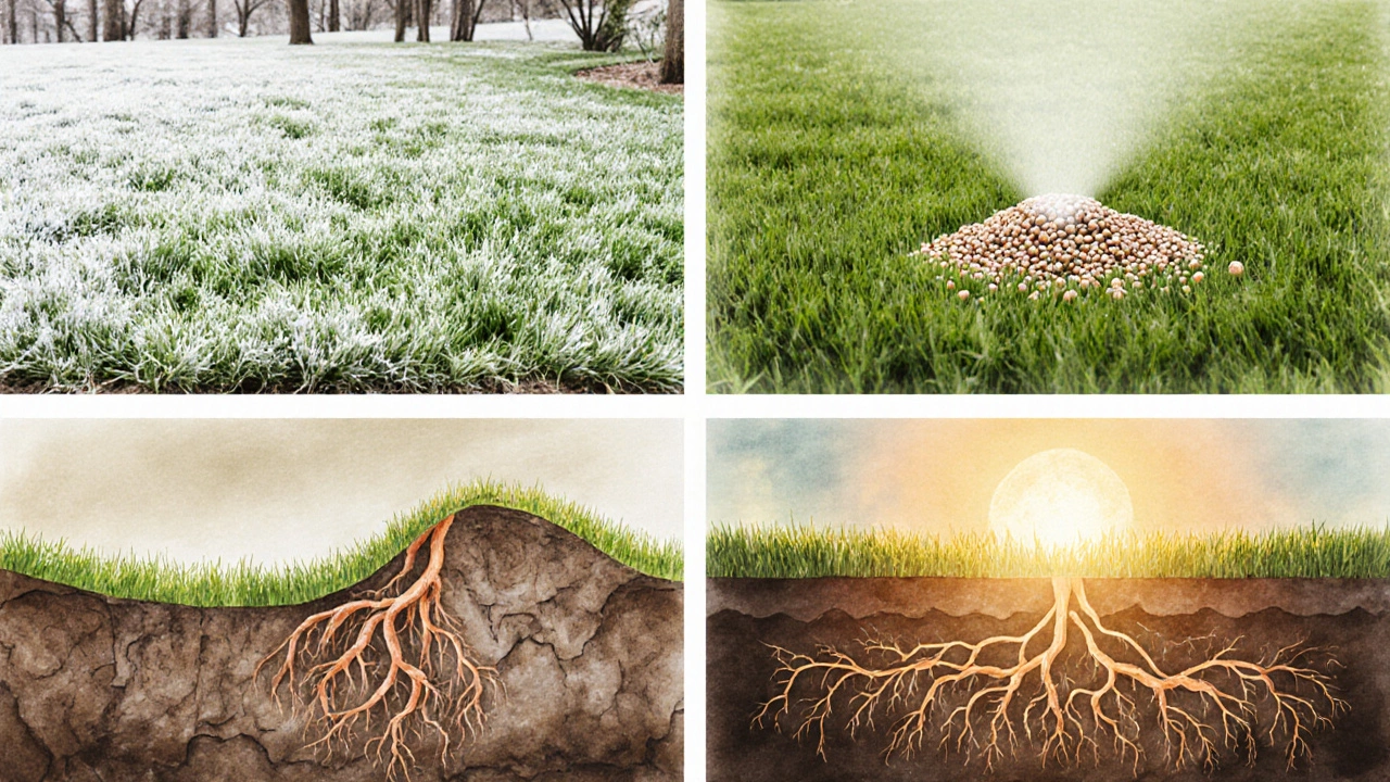 Сезонный цикл ухода за газоном: зима, весна, лето, осень, изображённый в виде четырёх панелей.