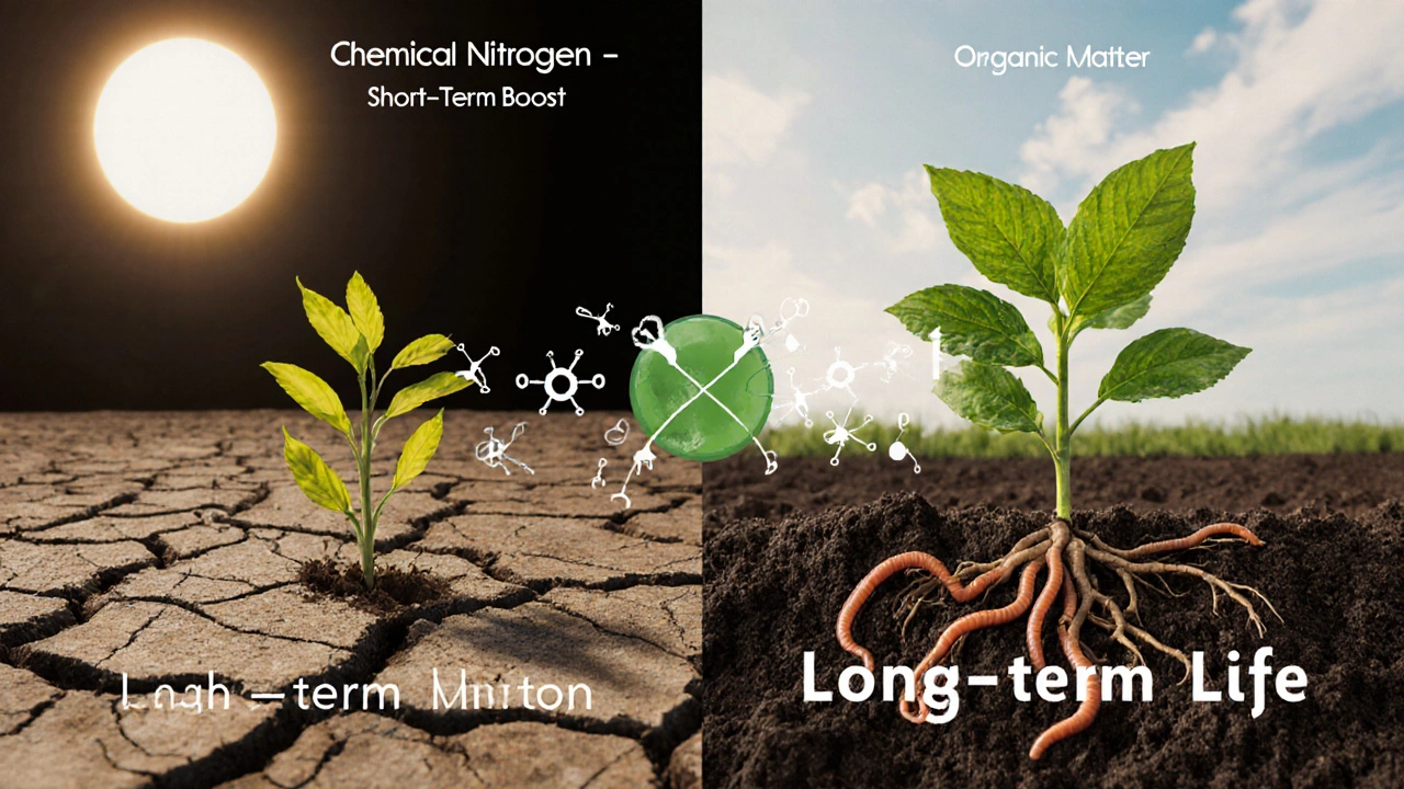 Сравнение: слева — истощённая почва с желтеющими растениями, справа — здоровая почва с червями и зеленью.