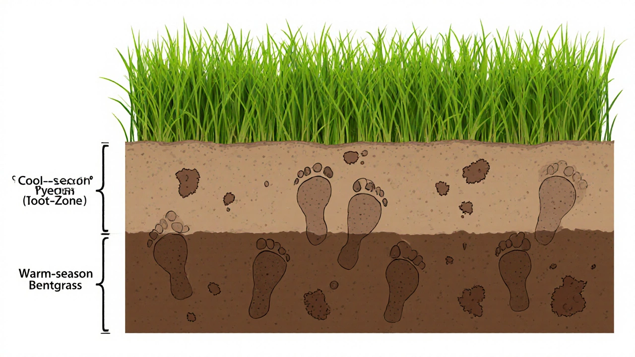 Срез газона показывает корни, уплотнённую почву и следы шагов.