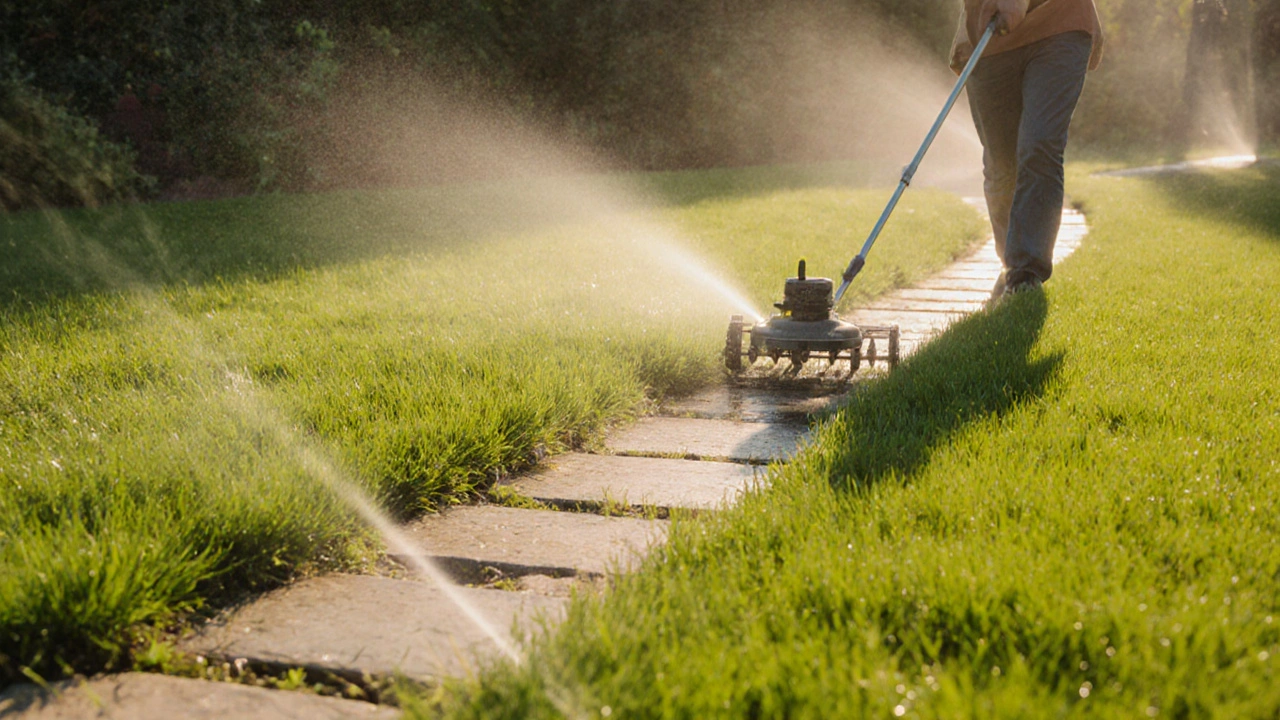 Ухоженный газон с каменной дорожкой, аэрация и полив ранним утром.