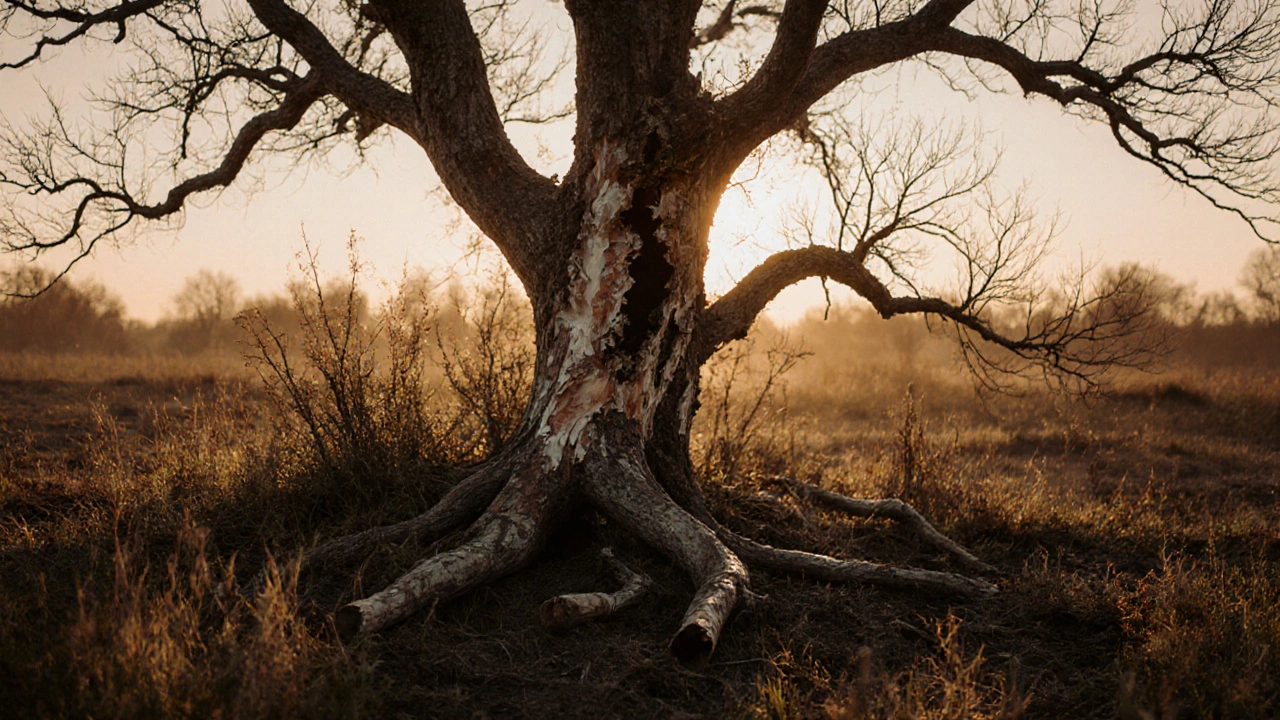 Древнее персиковое дерево с пустым стволом и сломанными ветвями, без плодов.