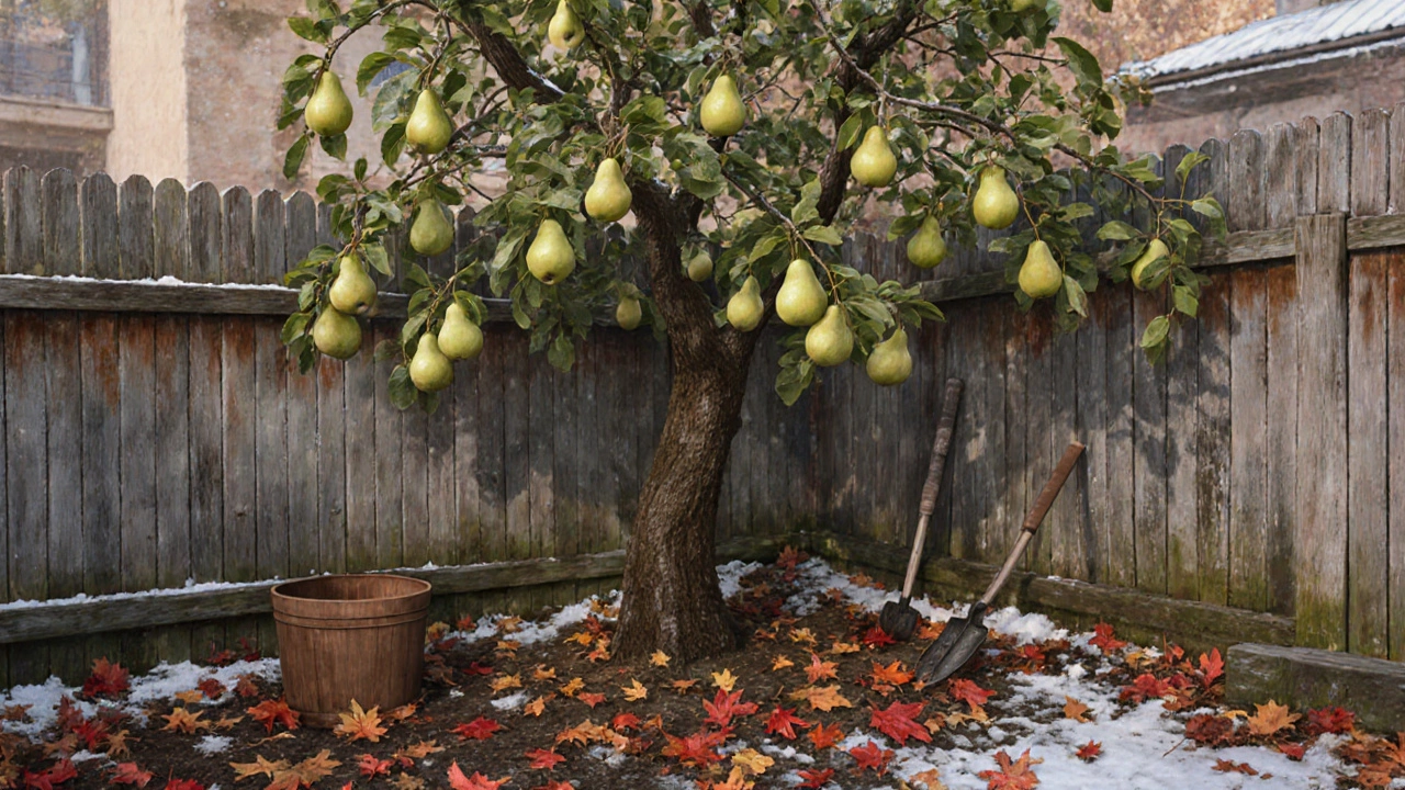 Груша Лада с плодами, висящими на ветвях поздней осенью, в тихом русском дворе с опавшими листьями и деревянным забором.