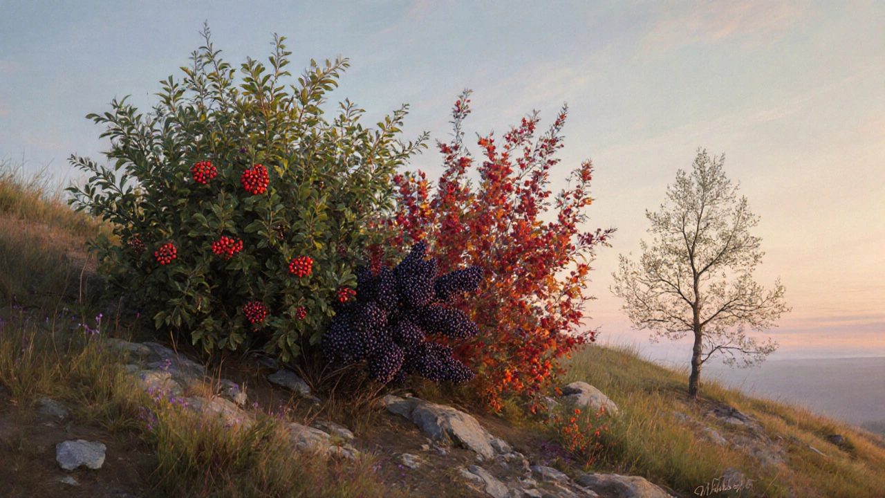 Кизил и арония на каменистом склоне с яркими ягодами и красной листвой, растущие без ухода в русской природе.