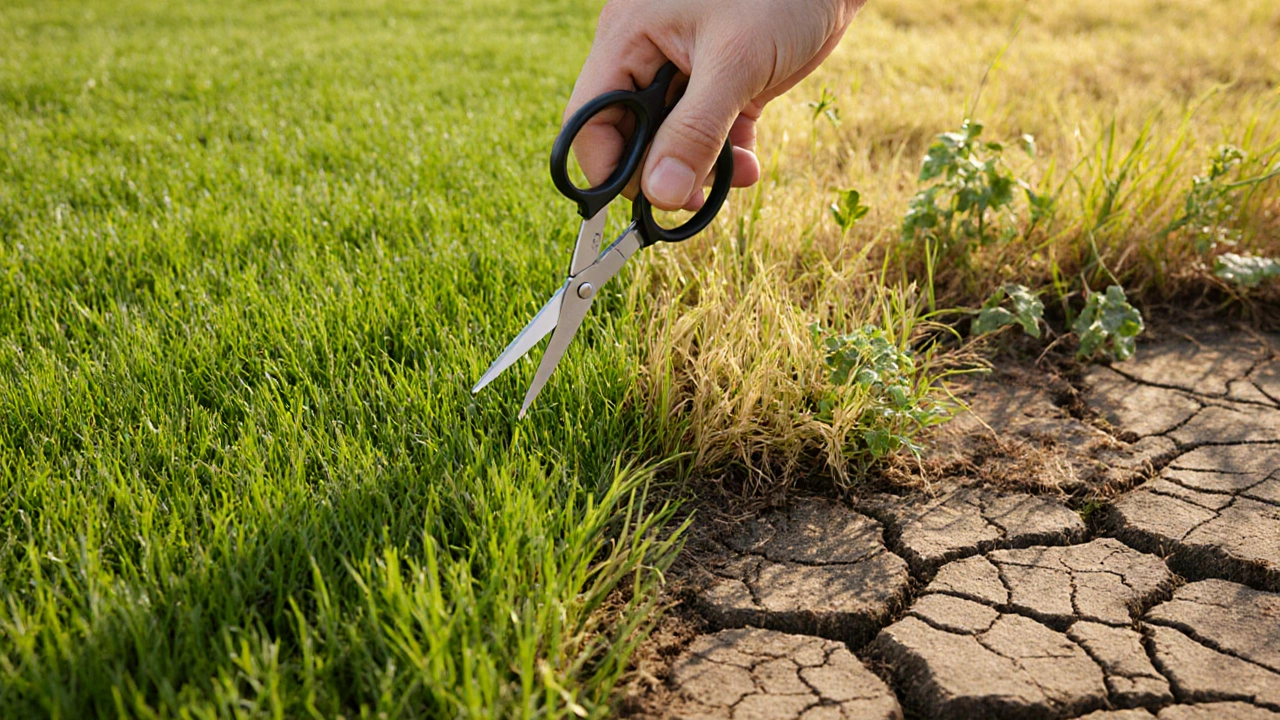 Контраст между ухоженным газоном и заросшим участком с пожелтевшей травой и треснувшей землей.