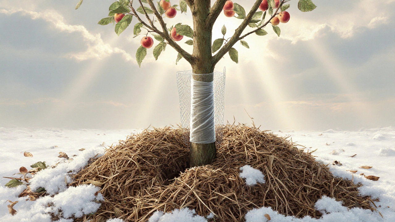 Корневая зона дерева укрыта мульчей из листьев и хвои.