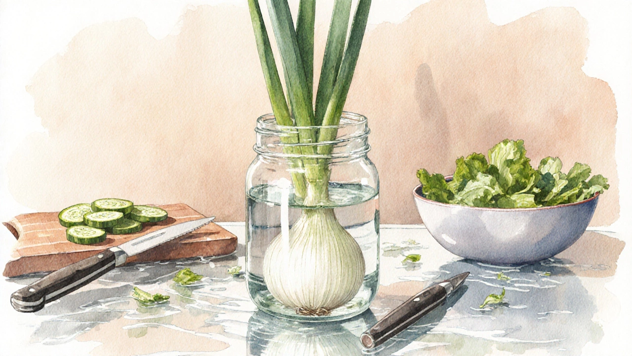 Луковица в стакане с водой, из неё растут зелёные перья, рядом кухонные принадлежности.