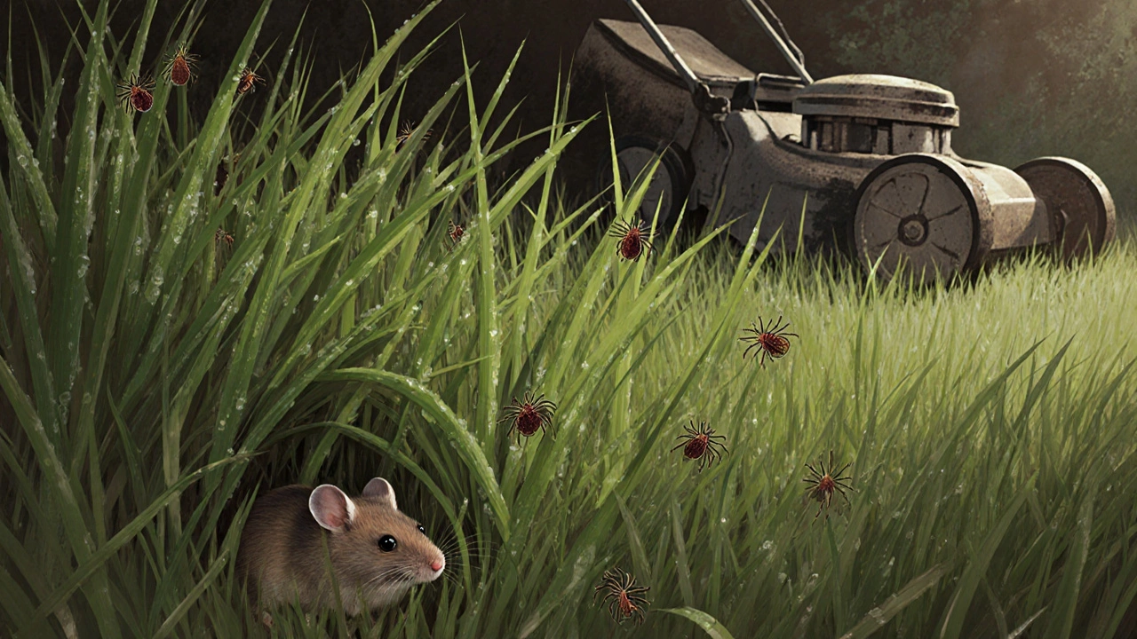 Мышь и клещи в густых зарослях высокой травы, рядом бездействующая газонокосилка.