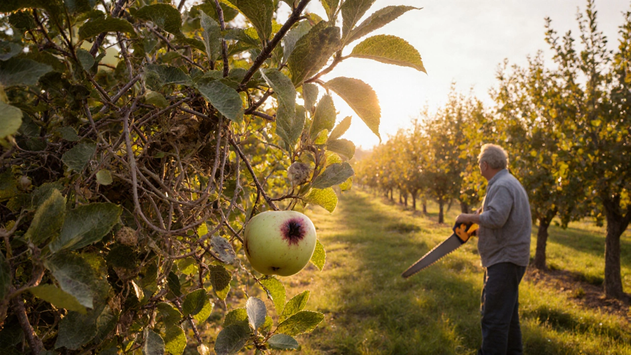 Перегруженный сад с тёмными, спутанными кронами и больными яблоками на фоне здорового сада.