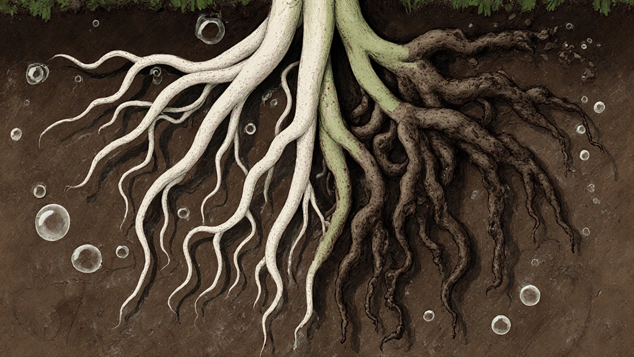 Разрез корней: здоровые и гнилые, в переувлажнённой почве.