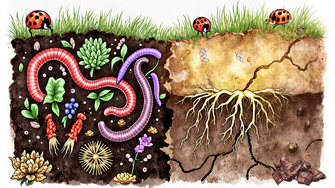 Разрез почвы: живая органическая земля с червями и корнями против мёртвой химической земли.