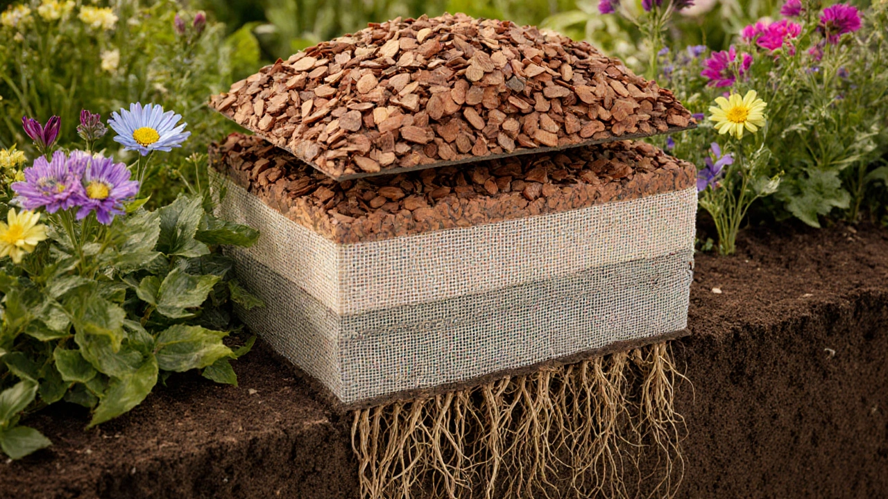 Разрез слоев: мульча, геотекстиль и чистая почва без корней.