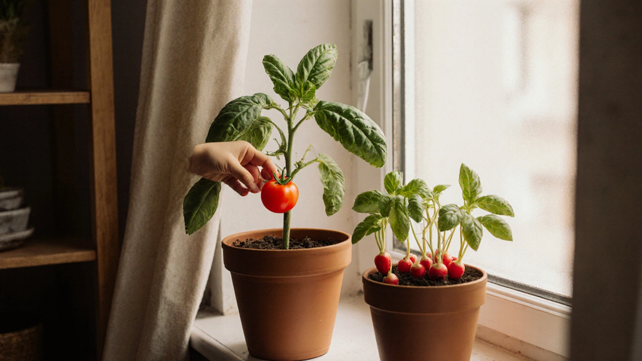 Ребёнок срывает спелый черри-помидор с растения на подоконнике, рядом — базилик и редис.