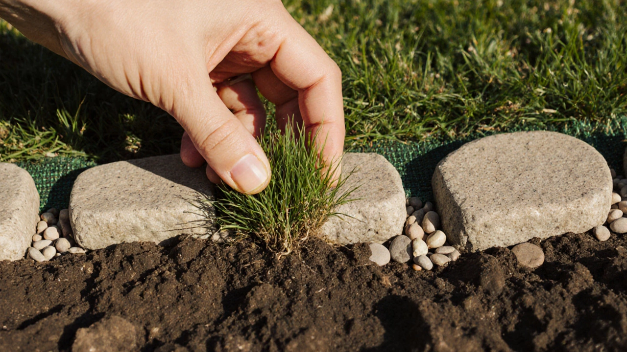 Рука выдергивает сорняк с корнем между камнями на дорожке.