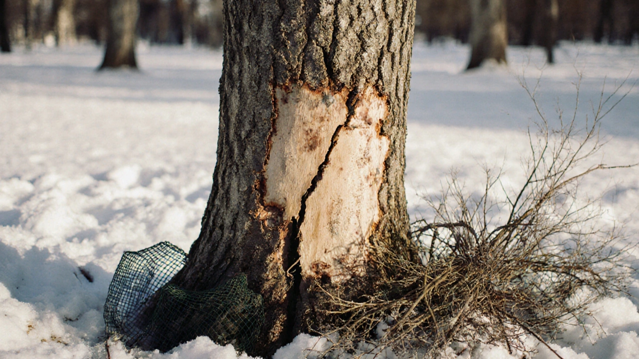 Трещины на коре дерева после зимних повреждений.
