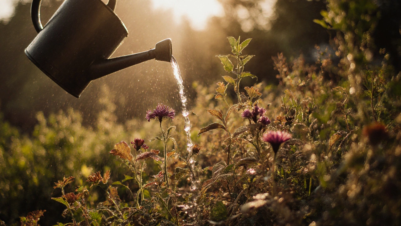 Утренний полив цветов у основания стеблей под солнечным светом.