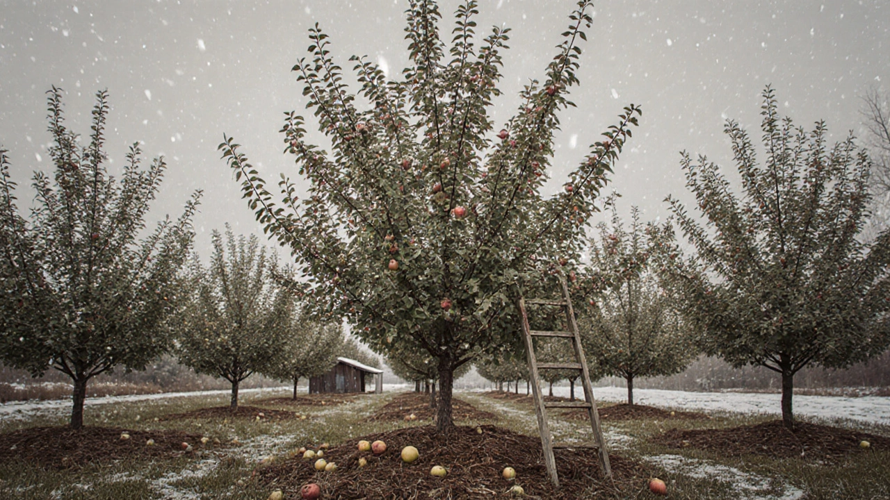 Зрелая полукарликовая яблоня с равномерным расстоянием между деревьями, мульчей и началом снегопада.