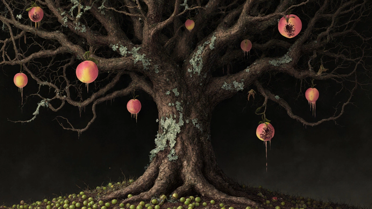 Зрелое персиковое дерево с запутанными ветвями, гнилые плоды на земле.