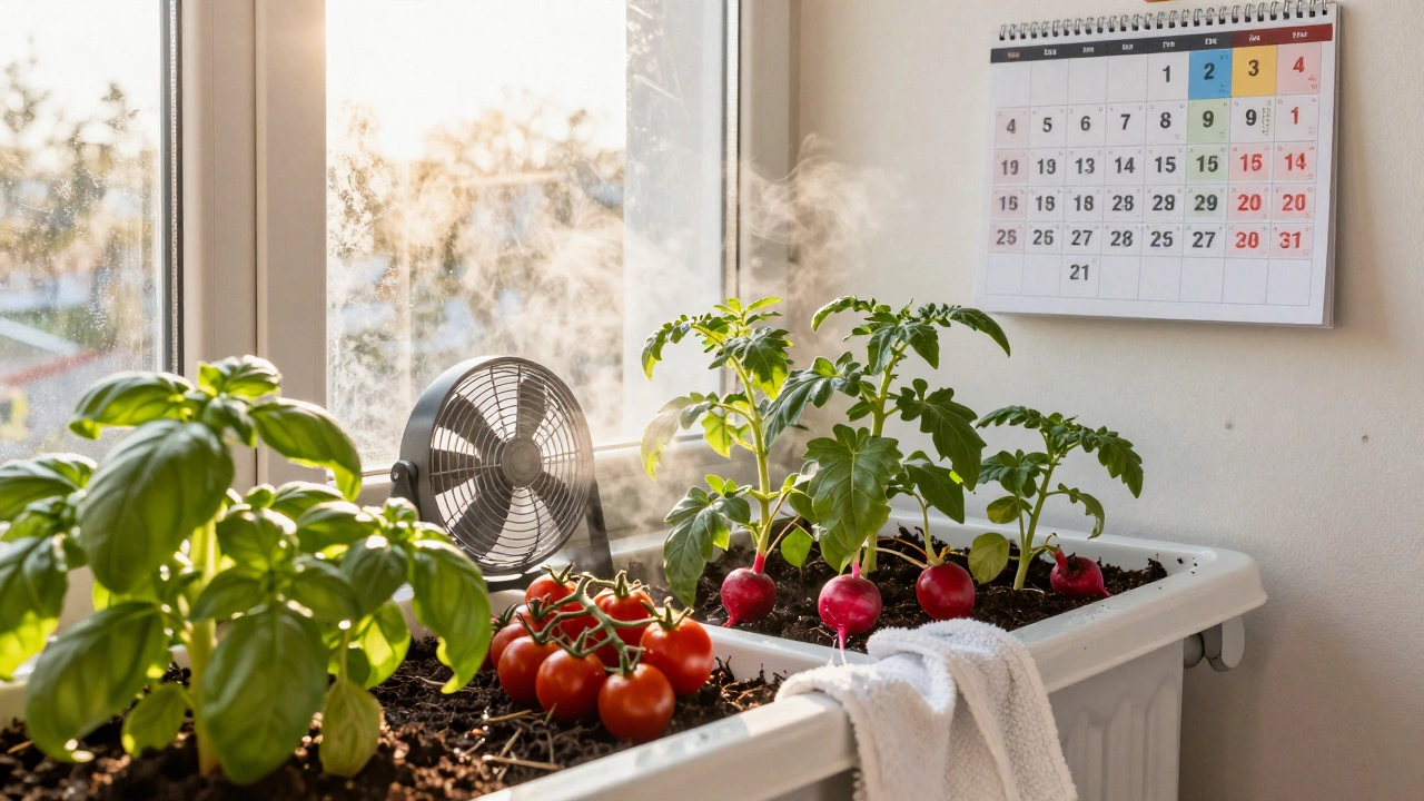 Балконный огород с помидорами и базиликом, вентилятор и мокрое полотенце на батарее для влажности.