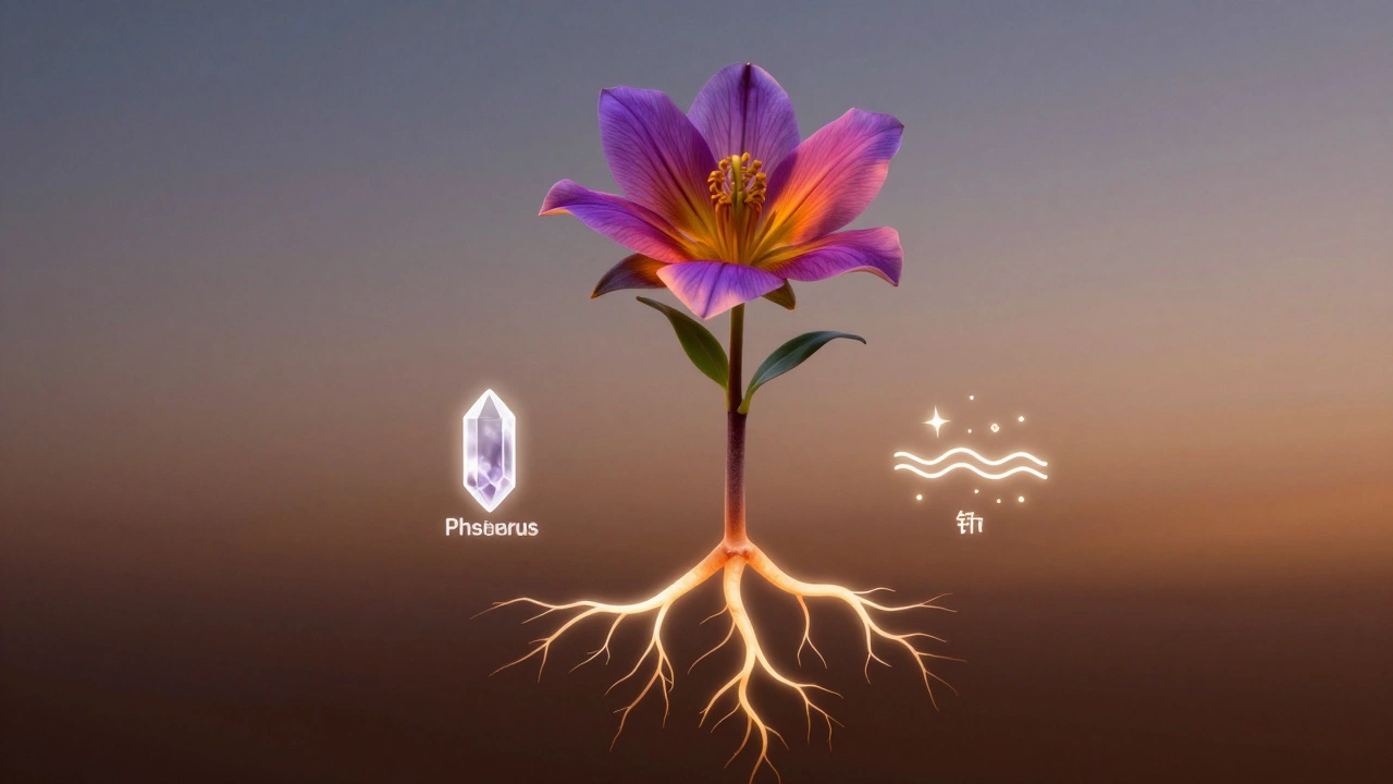 Цветок с glowing корнями, поглощающими фосфор, калий и микроэлементы, при пышном цветении.