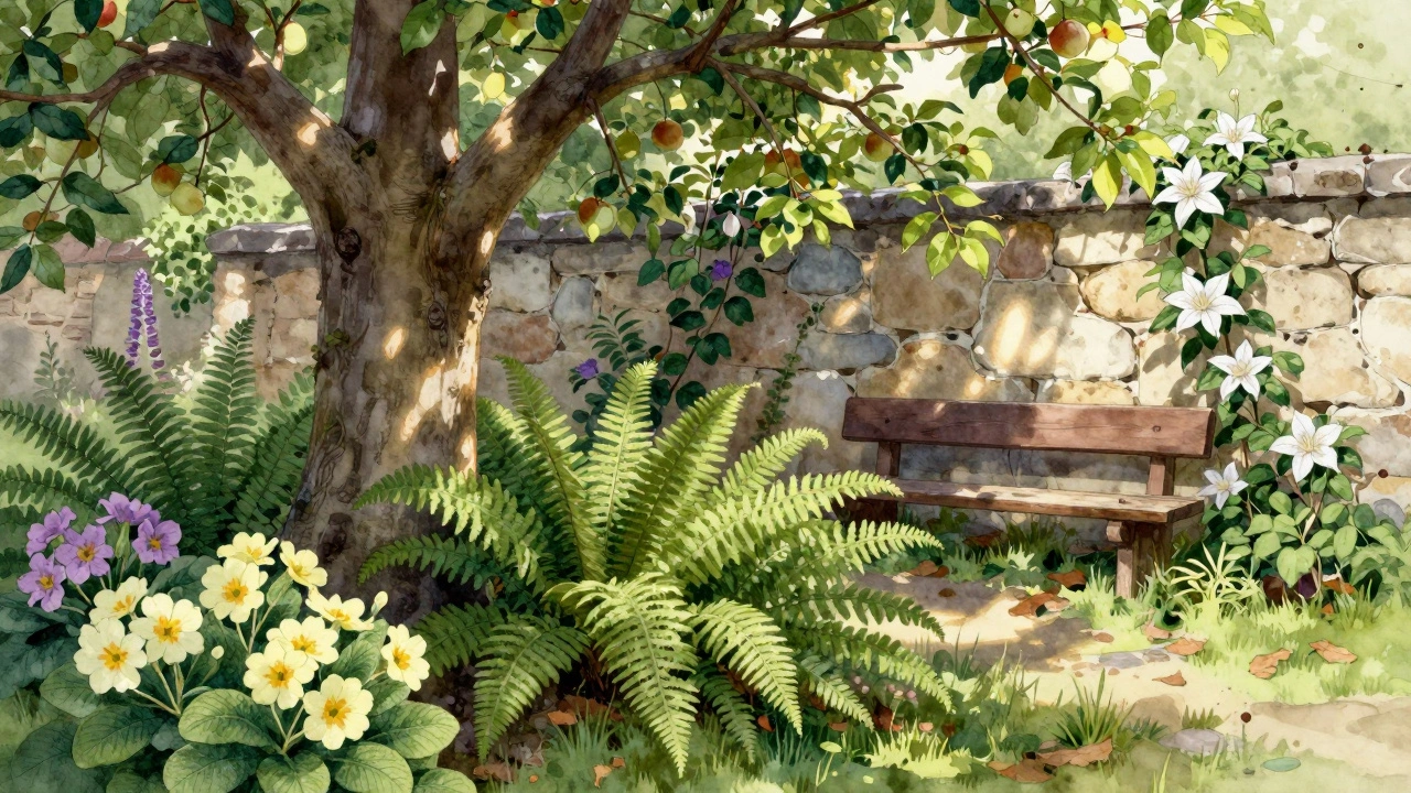 Цветущие примулы и папоротники под старым яблоневым деревом в русском саду.