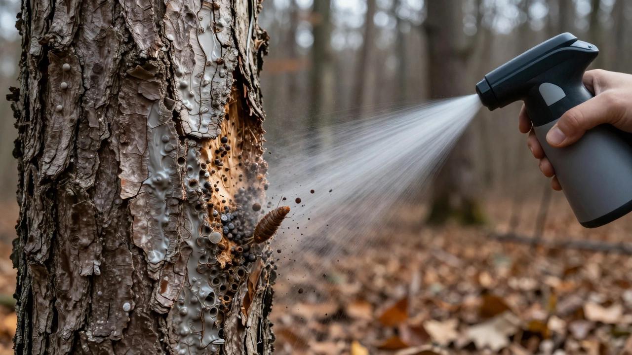 Детализированное изображение трещины в коре дерева: с одной стороны — защитный слой извести, с другой — уничтожаемые вредители и споры грибков.