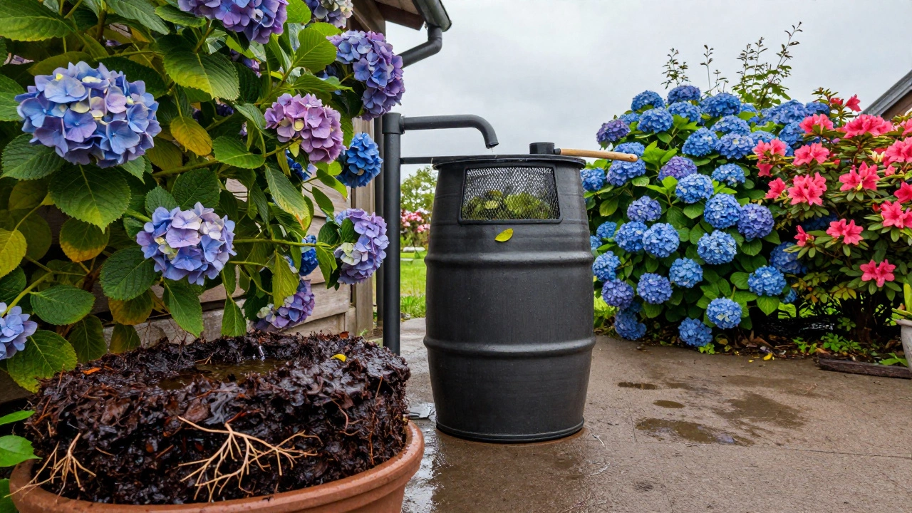 Дождевая бочка под водостоком, рядом — цветущие гортензии и слой торфа в горшке.