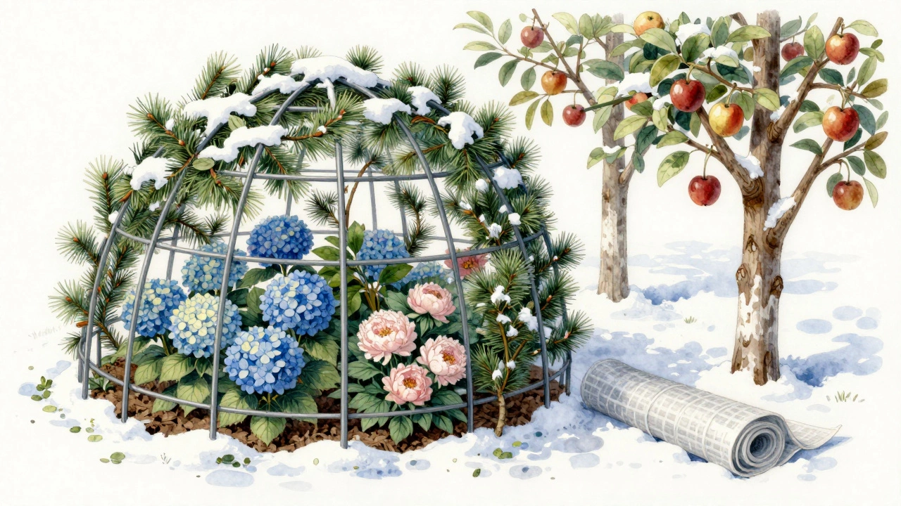 Хвойные ветки образуют купол над гортензиями, а металлическая сетка обернута вокруг стволов яблонь, покрытых белой побелкой.