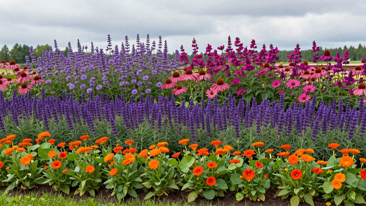 Клумба с цветами, цветущими с мая по октябрь: календула, эхинацея, сальвия и астры, выстроенные по высоте.