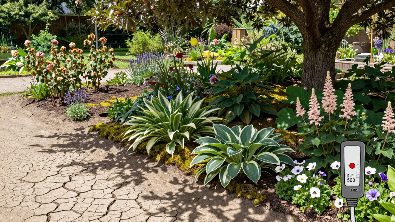 Контраст: пустырь на солнце и живой сад в тени под деревом.