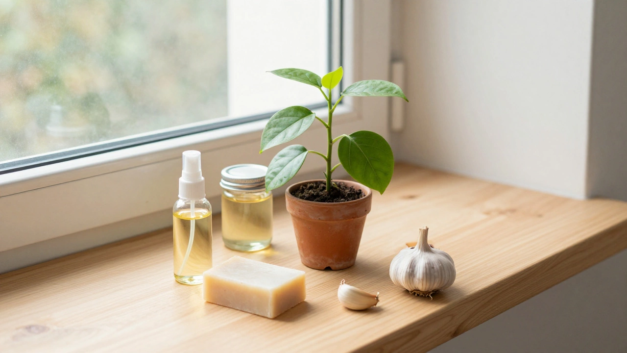 На подоконнике натуральные средства от вредителей: масло нима, настой луковой шелухи, мыло, чеснок.