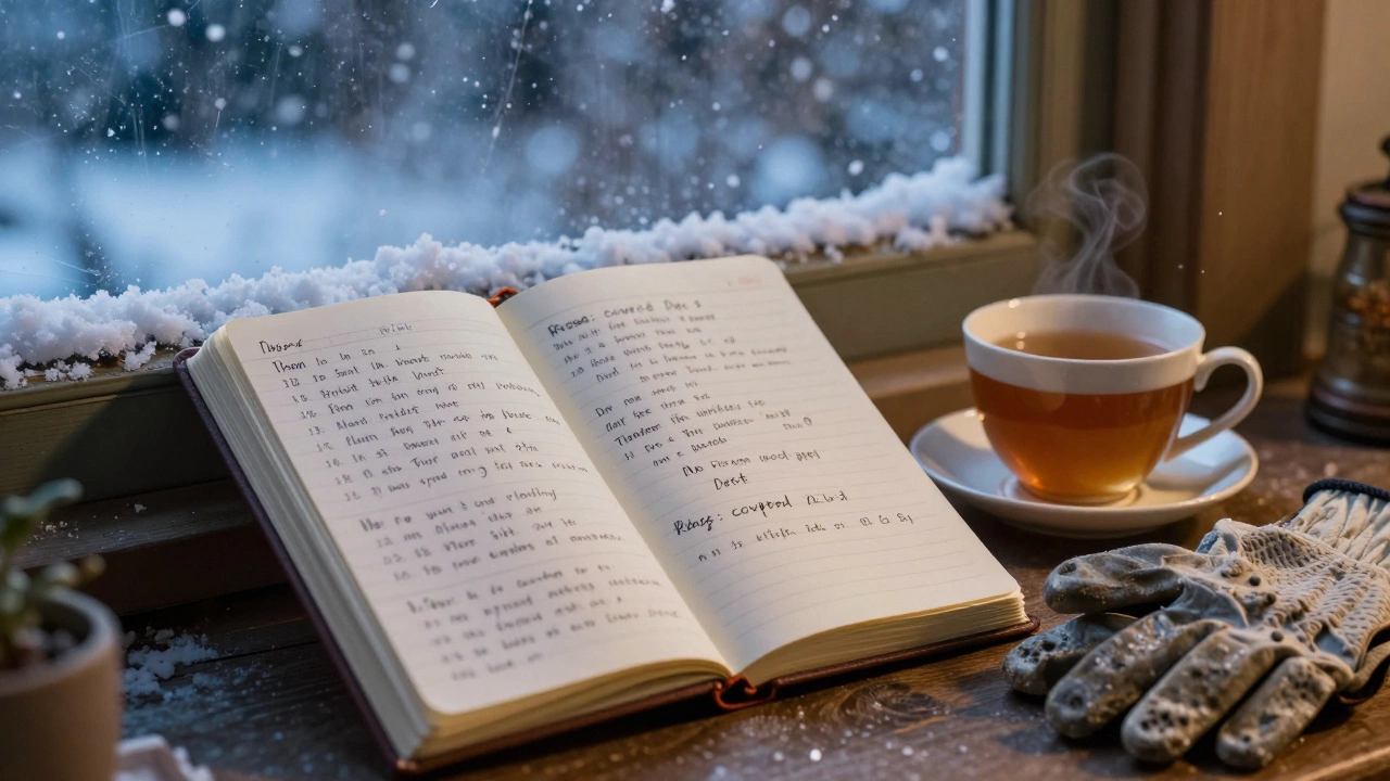 Открытый дневник садовника с записями о зимней подготовке растений, рядом чашка чая и перчатки на снежном подоконнике.
