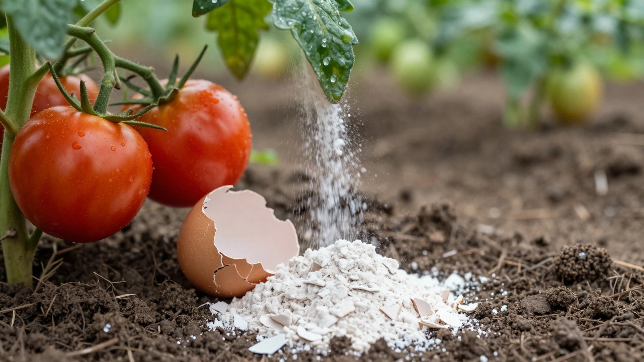 Порошок яичной скорлупы вокруг помидоров с спелыми плодами, капли росы на листьях.