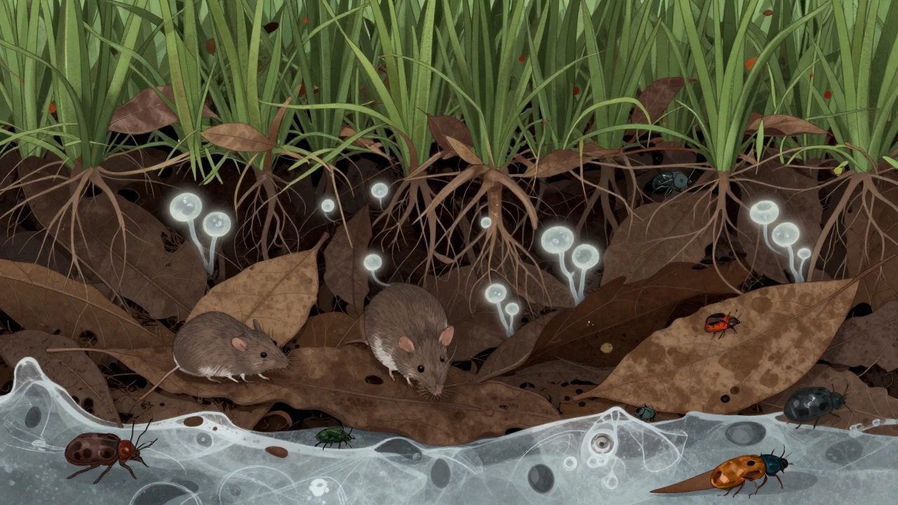 Разрез газона под слоем гниющих листьев: грибки и вредители разрушают корни травы.