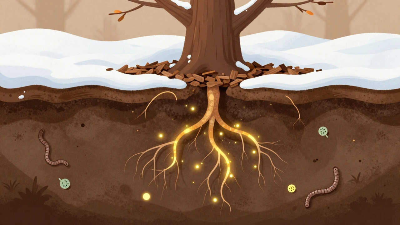 Разрез почвы с активными корнями, поглощающими питательные вещества перед зимой.