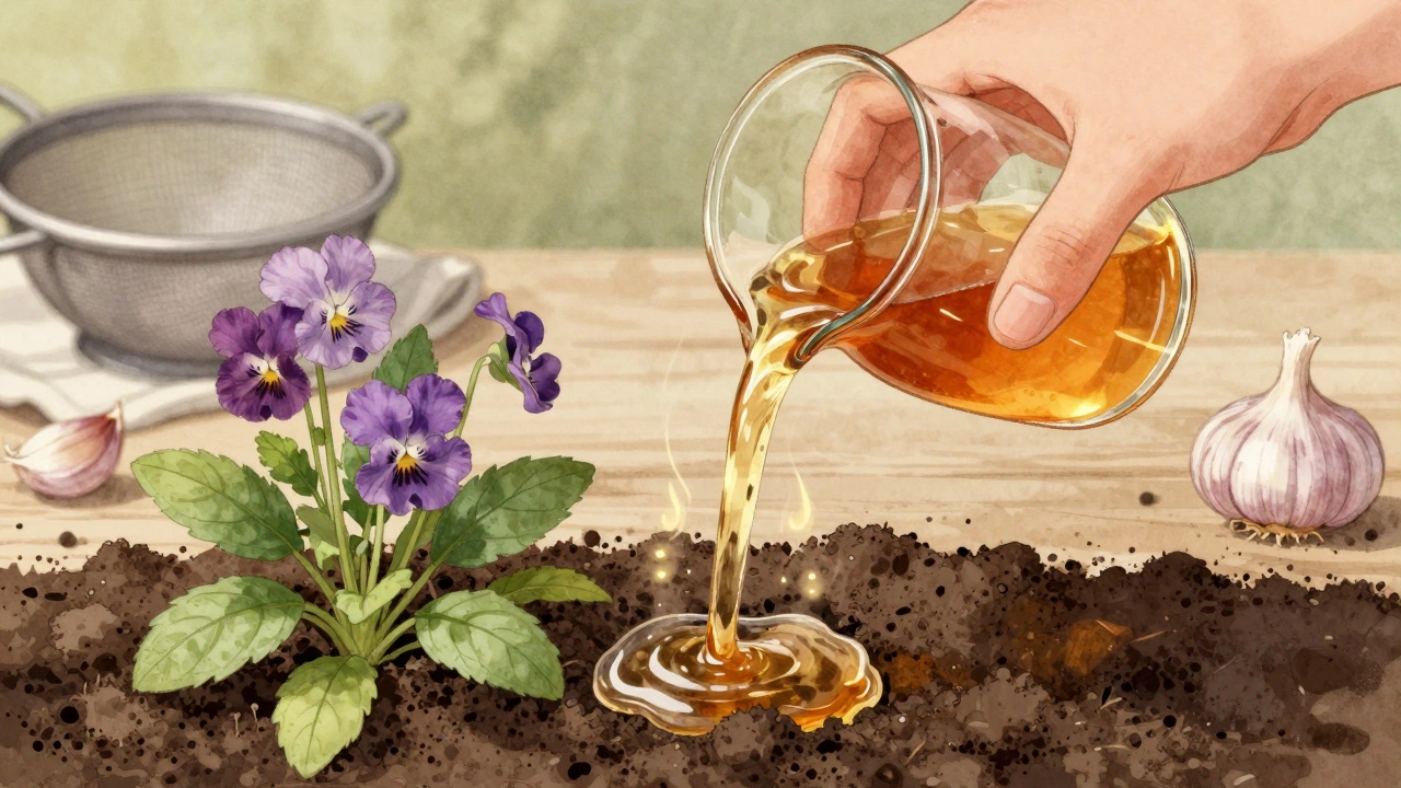 Ручка льёт чесночный настой в почву фиалки, жидкость пропитывает землю, видны частички чеснока.