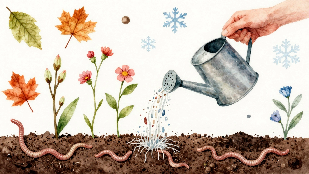 Рука поливает почву удобрением, вокруг — черви, грибницы и частицы питательных веществ как живая экосистема.