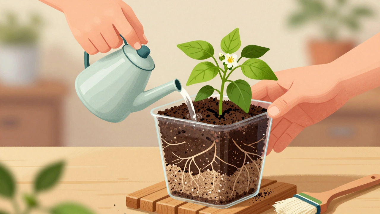 Рука поливает рассаду в рыхлой органической почве с перлитом, подложка из дерева защищает от холода.