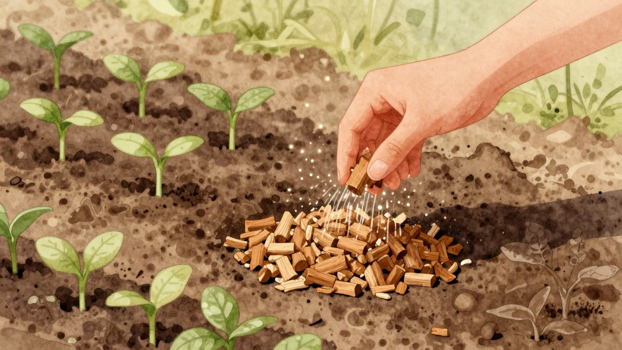 Рука посыпает древесной золой почву на огороде, свет мягкий, тёплый.