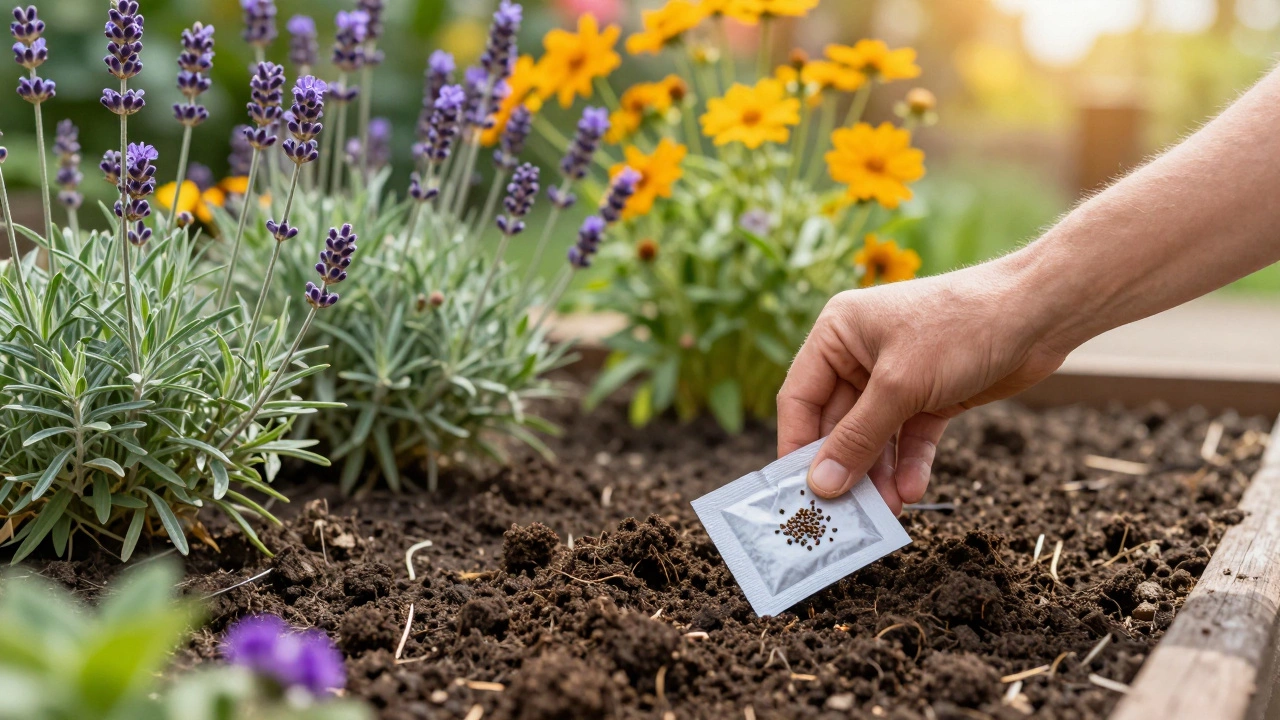 Рука сажает семена эхинацеи в приподнятую грядку с другими устойчивыми цветами под солнечным светом.