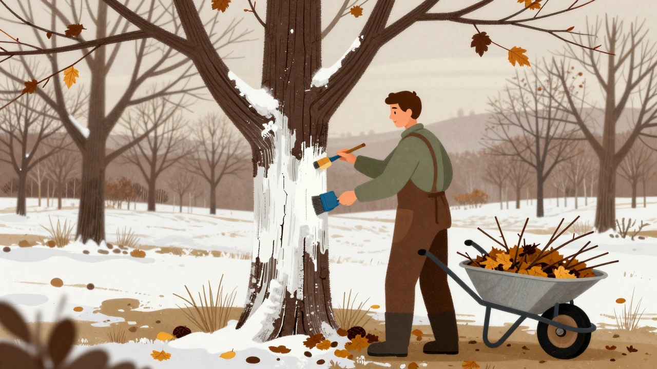 Садовник наносит известковое молоко на трещины в коре старого дерева осенью, земля покрыта легким инеем.