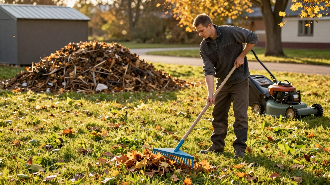 Садовник убирает листья с газона осенью, часть травы ещё видна — вовремя начатый уход.