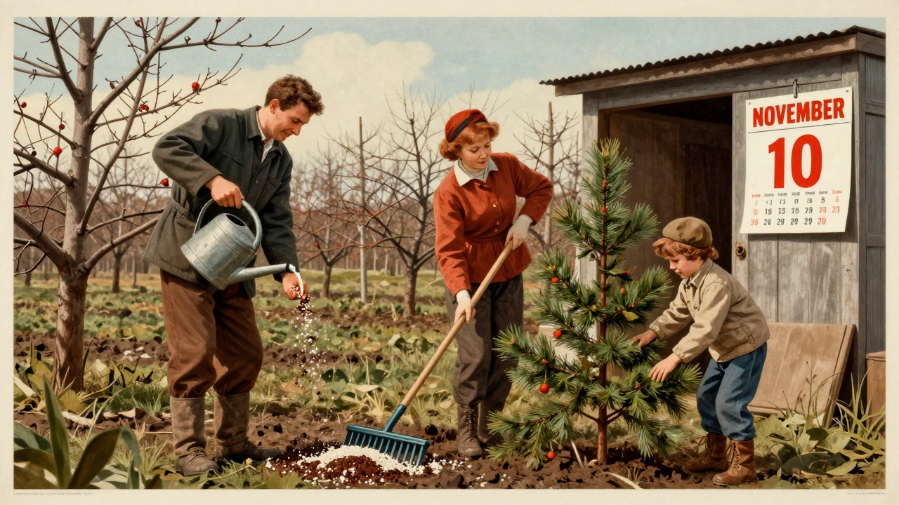 Семья ухаживает за садом в ноябре: мульчирование, подкормка и защита деревьев.
