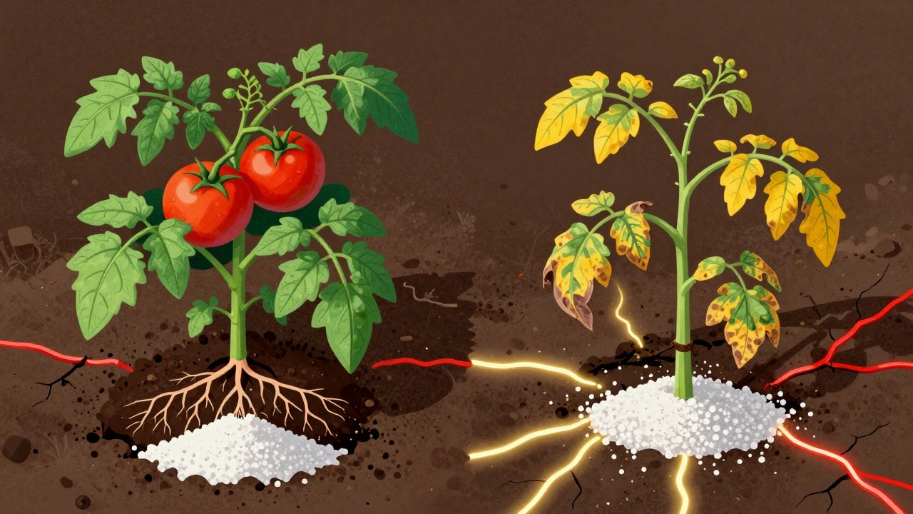 Сравнение здорового помидора с перекормленным — корни и почва визуализируют правильное и неправильное удобрение.