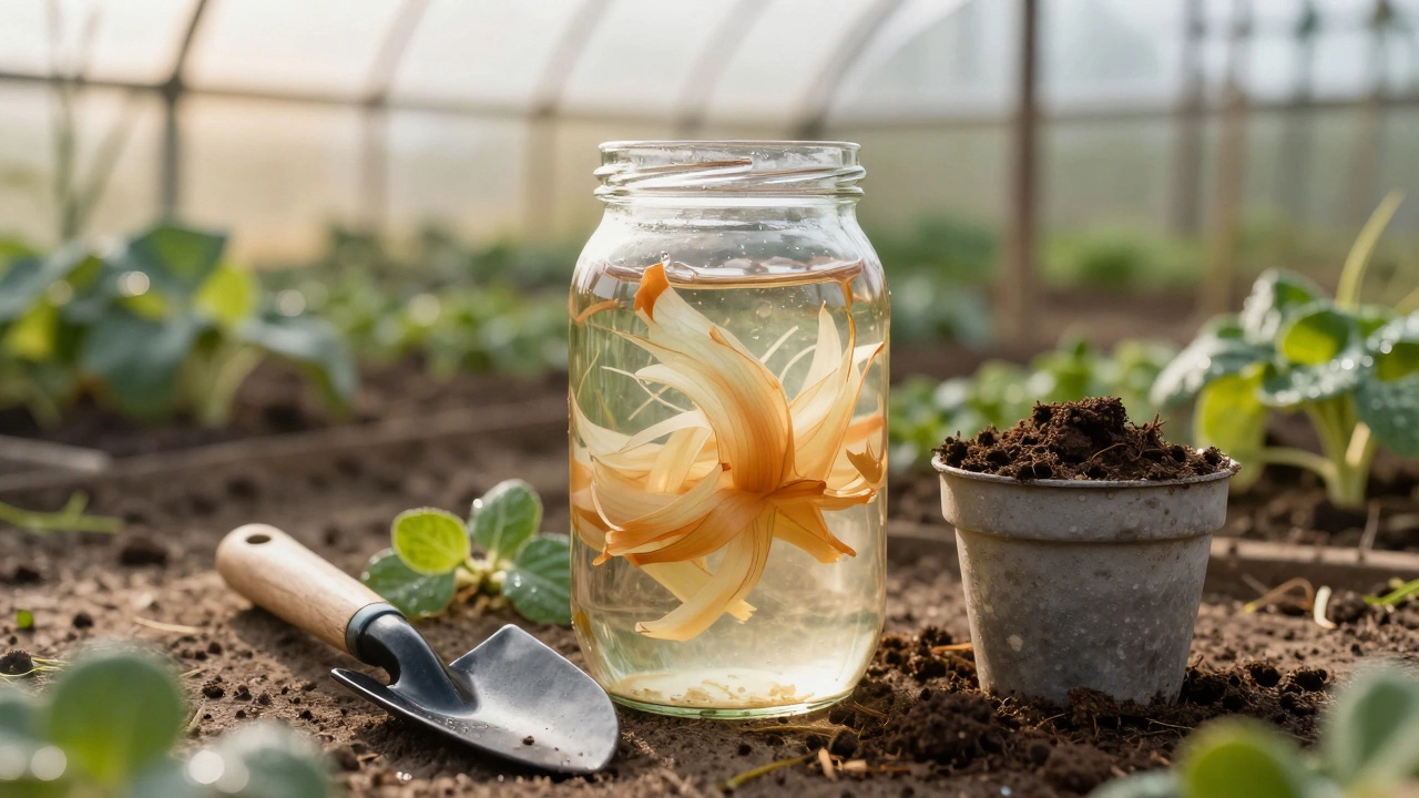 Стеклянная банка с настоем луковой шелухи стоит рядом с землёй и лопаткой.