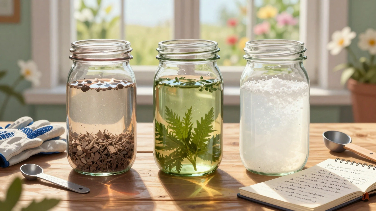 Три банки с натуральными удобрениями: зола, настой крапивы и гумат калия на деревянном столе.