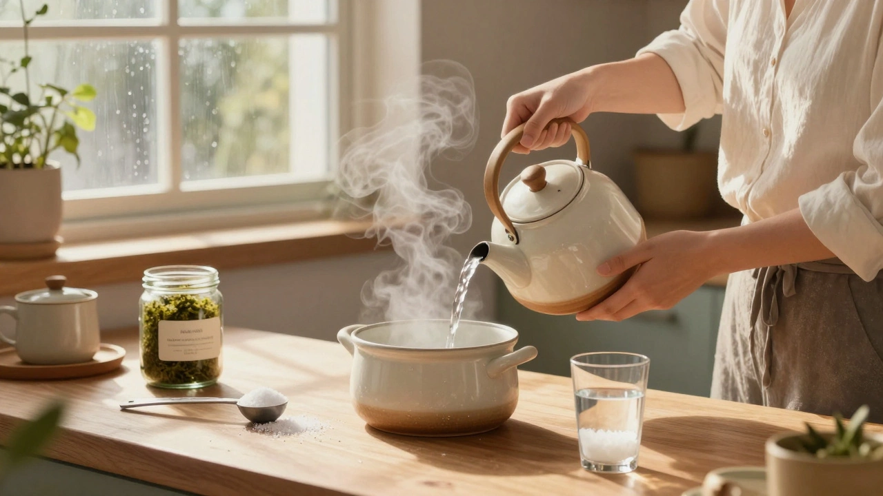 Женщина поливает цветок кипячёной водой, рядом — лимонная кислота и сфагновый торф.