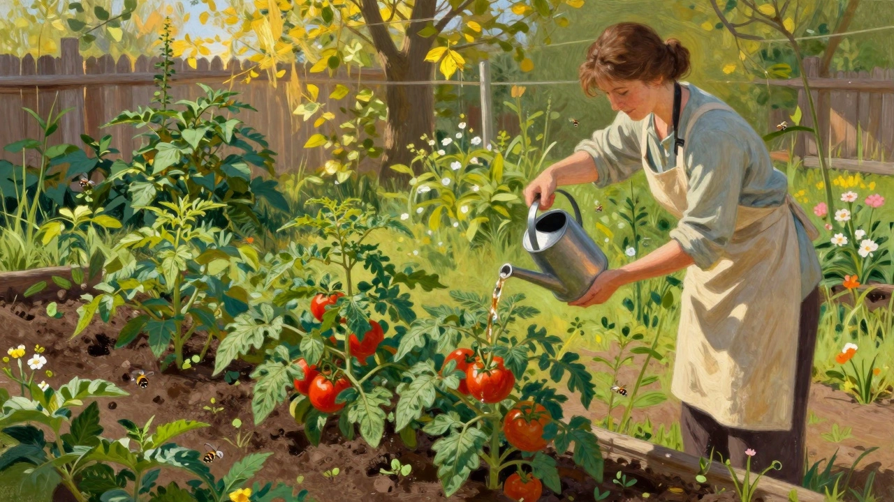 Женщина поливает помидоры настоем крапивы в саду, за спиной дикие крапивы и солнечные лучи.